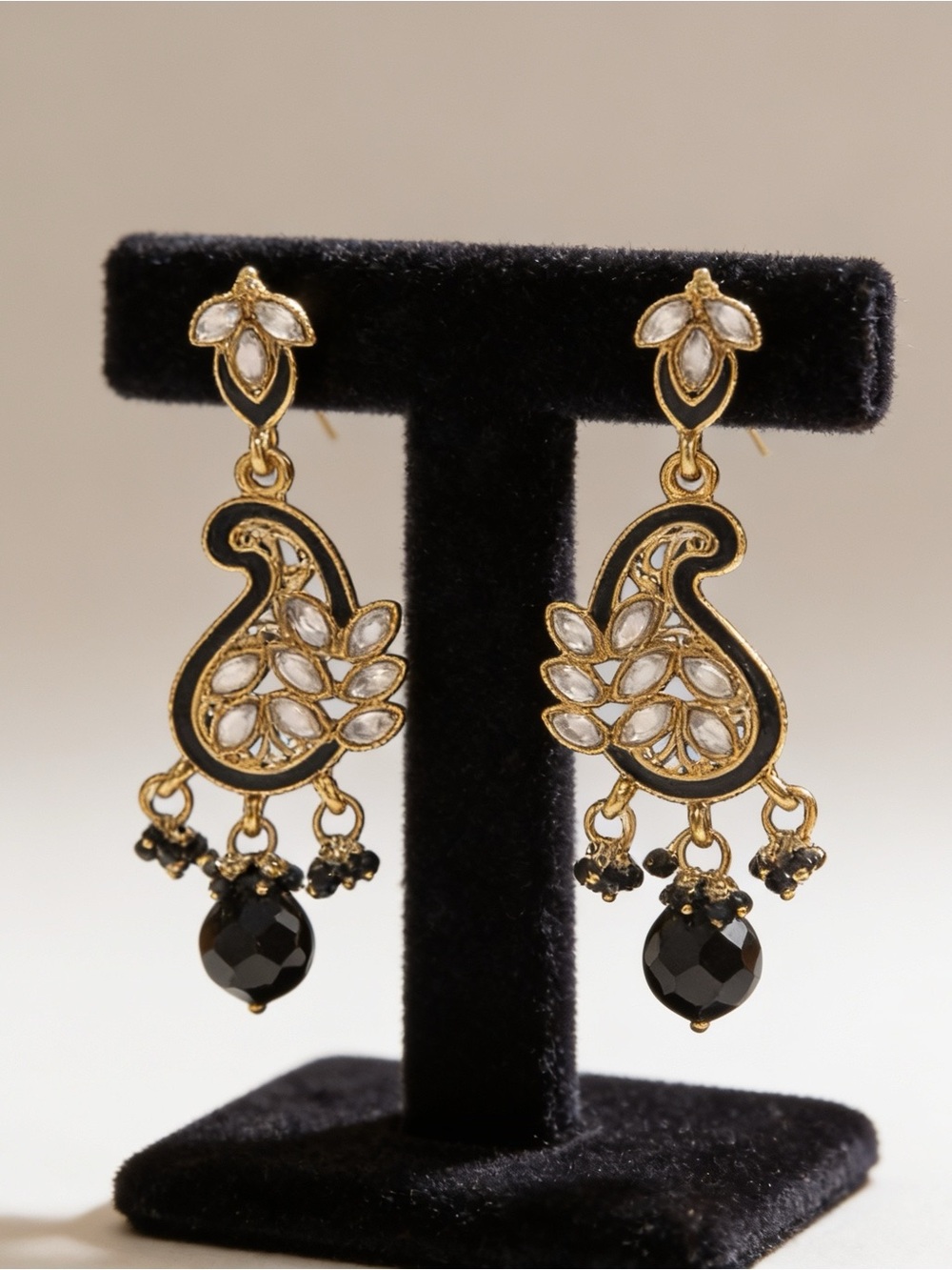 Gold Tone Kundan Paisley Drop Earrings Black Enamel Beaded Statement Boho Ethnic